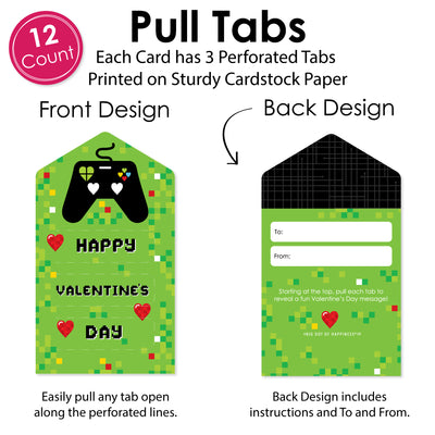 Game Zone - Pixel Video Game Cards for Kids - Happy Valentine’s Day Pull Tabs - Set of 12