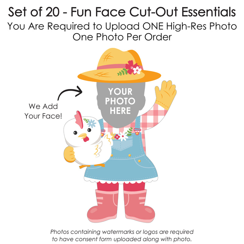 Custom Photo Girl Farm Animals - Fun Face Decorations DIY Pink Barnyard Birthday Party Essentials - Set of 20
