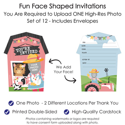Custom Photo Girl Farm Animals - Pink Barnyard Birthday Party Fun Face Shaped Fill-In Invitation Cards with Envelopes - Set of 12