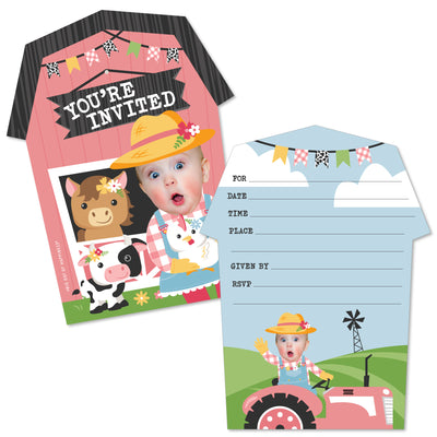 Custom Photo Girl Farm Animals - Pink Barnyard Birthday Party Fun Face Shaped Fill-In Invitation Cards with Envelopes - Set of 12