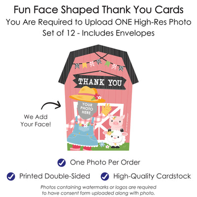 Custom Photo Girl Farm Animals - Pink Barnyard Birthday Party Fun Face Shaped Thank You Cards with Envelopes - Set of 12