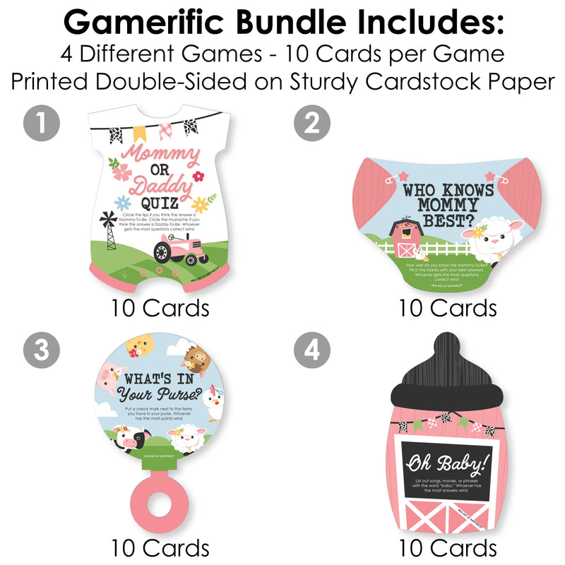 Girl Farm Animals - 4 Pink Barnyard Baby Shower Games - 10 Cards Each - Who Knows Mommy Best, Mommy or Daddy Quiz, What’s in Your Purse and Oh Baby - Gamerific Bundle