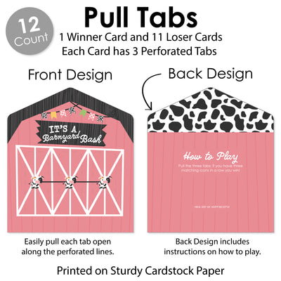 Girl Farm Animals - Pink Barnyard Baby Shower or Birthday Party Game Pickle Cards - Pull Tabs 3-in-a-Row - Set of 12