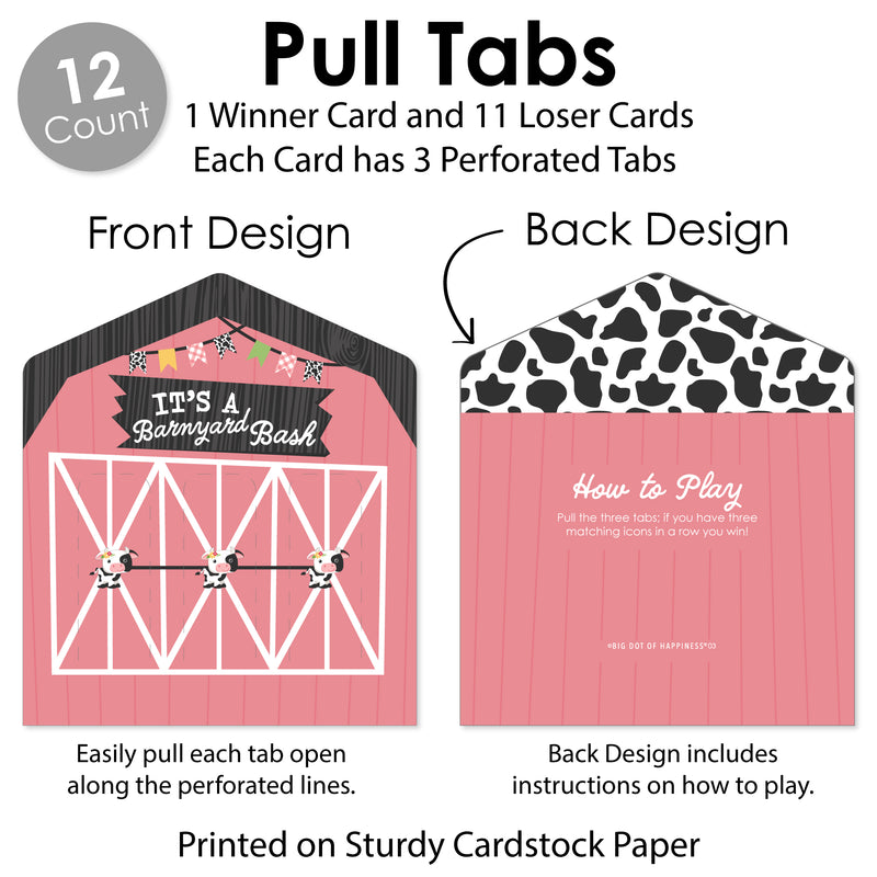 Girl Farm Animals - Pink Barnyard Baby Shower or Birthday Party Game Pickle Cards - Pull Tabs 3-in-a-Row - Set of 12