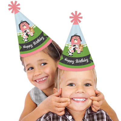 Girl Farm Animals - Cone Happy Birthday Party Hats for Kids and Adults - Set of 8 (Standard Size)