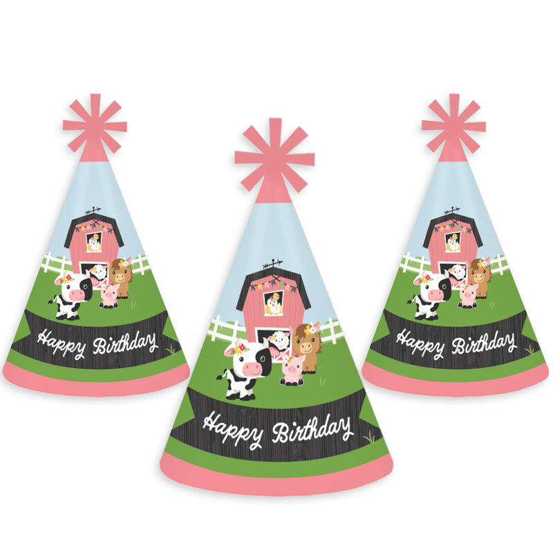 Girl Farm Animals - Cone Happy Birthday Party Hats for Kids and Adults - Set of 8 (Standard Size)