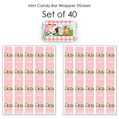 Girl Farm Animals - Mini Candy Bar Wrapper Stickers - Pink Barnyard Baby Shower or Birthday Party Small Favors - 40 Count