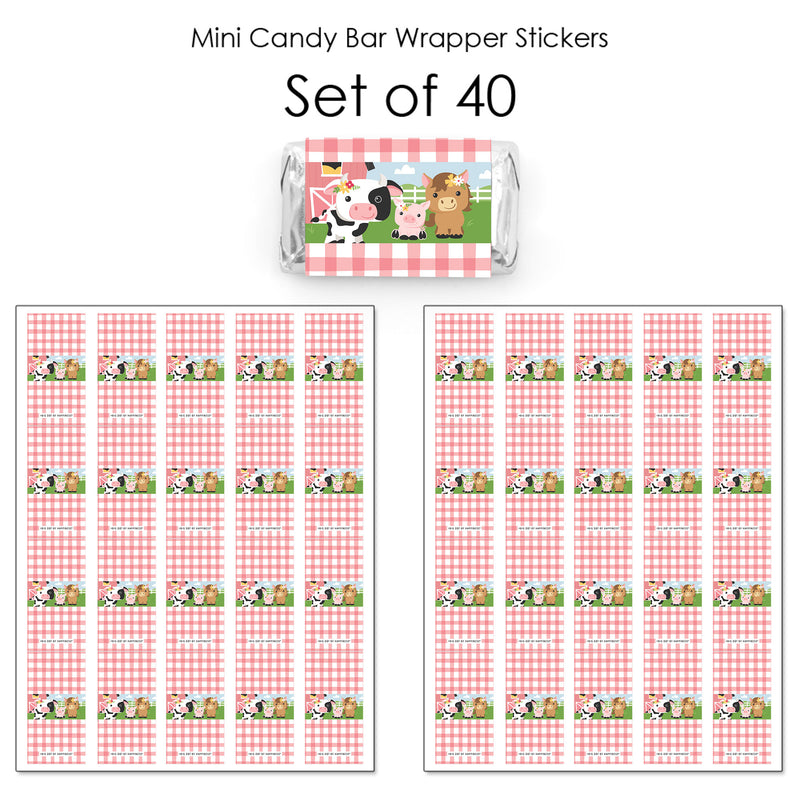 Girl Farm Animals - Mini Candy Bar Wrapper Stickers - Pink Barnyard Baby Shower or Birthday Party Small Favors - 40 Count