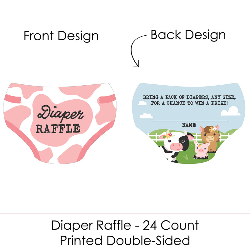 Girl Farm Animals - Diaper Shaped Raffle Ticket Inserts - Pink Barnyard Baby Shower Activities - Diaper Raffle Game - Set of 24
