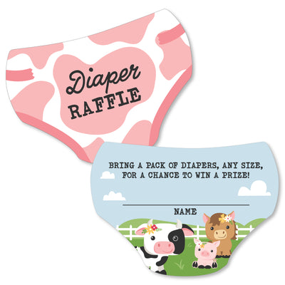 Girl Farm Animals - Diaper Shaped Raffle Ticket Inserts - Pink Barnyard Baby Shower Activities - Diaper Raffle Game - Set of 24