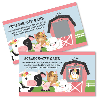 Girl Farm Animals - Pink Barnyard Baby Shower or Birthday Party Game Scratch Off Cards - 22 Count