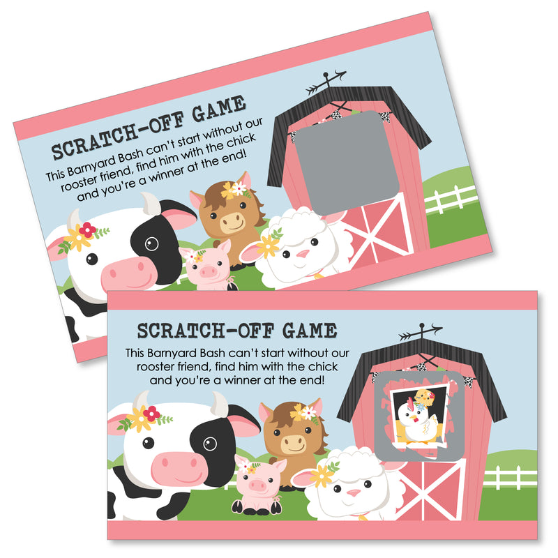 Girl Farm Animals - Pink Barnyard Baby Shower or Birthday Party Game Scratch Off Cards - 22 Count