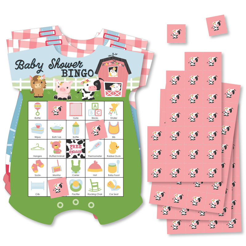 Girl Farm Animals - Picture Bingo Cards and Markers - Pink Barnyard Baby Shower Shaped Bingo Game - Set of 18