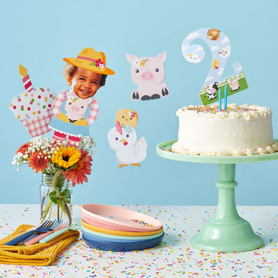 Custom Photo Girl Farm Animals - Pink Barnyard Birthday Party Centerpiece Sticks - Fun Face Table Toppers - Set of 15