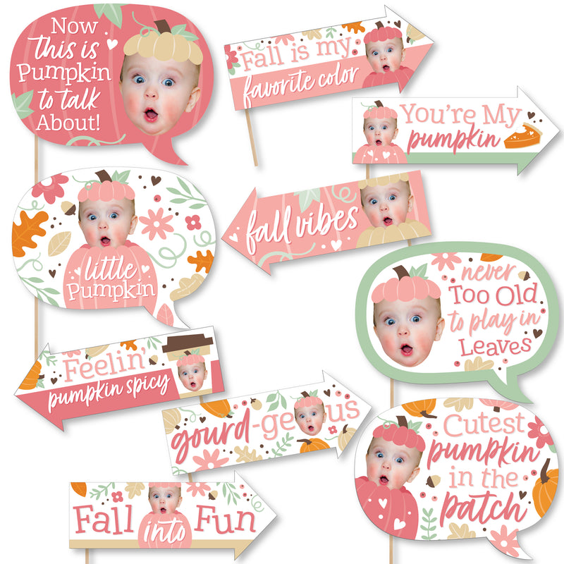 Custom Photo Funny Girl Little Pumpkin - Fall Birthday Party Fun Face Photo Booth Props Kit - 10 Piece