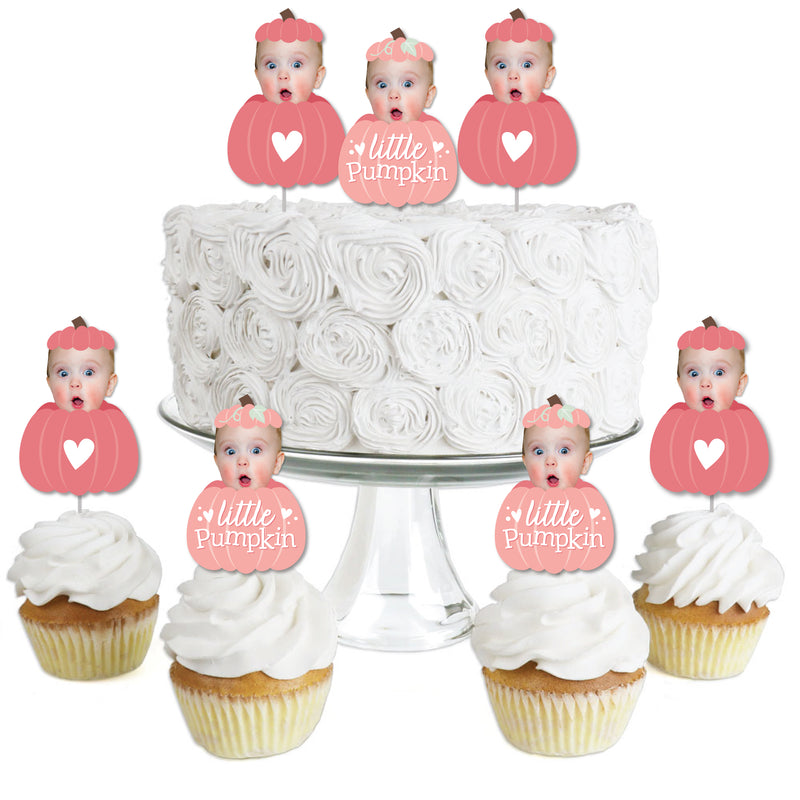 Custom Photo Girl Little Pumpkin - Fall Birthday Party Dessert Cupcake Toppers - Fun Face Clear Treat Picks - Set of 24