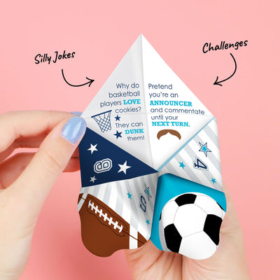 Go, Fight, Win - Sports - Baby Shower or Birthday Party Cootie Catcher Game - Jokes and Dares Fortune Tellers - Set of 12