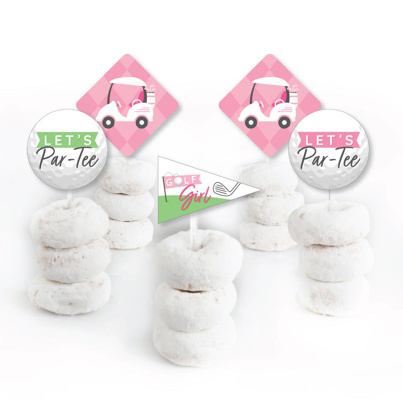 Golf Girl - Dessert Cupcake Toppers - Pink Birthday Party or Baby Shower Clear Treat Picks - Set of 24