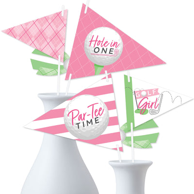 Golf Girl - Triangle Pink Birthday Party or Baby Shower Photo Props - Pennant Flag Centerpieces - Set of 20