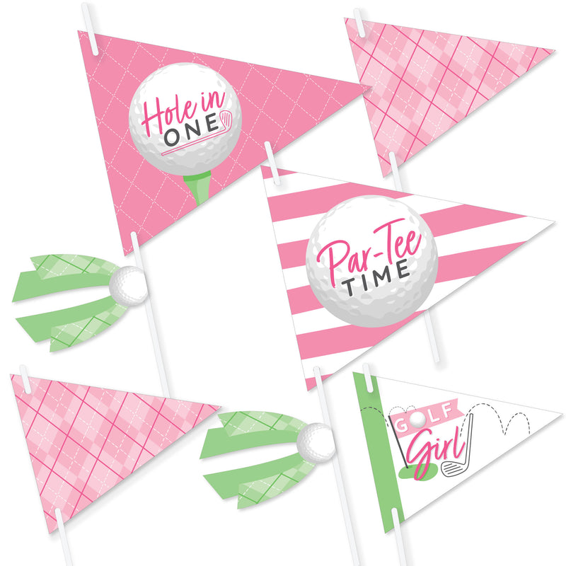Golf Girl - Triangle Pink Birthday Party or Baby Shower Photo Props - Pennant Flag Centerpieces - Set of 20
