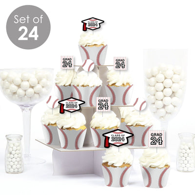 Grad Baseball - Cupcake Decoration - 2024 Graduation Party Cupcake Wrappers and Treat Picks Kit - Set of 24