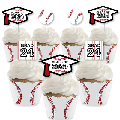 Grad Baseball - Cupcake Decoration - 2024 Graduation Party Cupcake Wrappers and Treat Picks Kit - Set of 24
