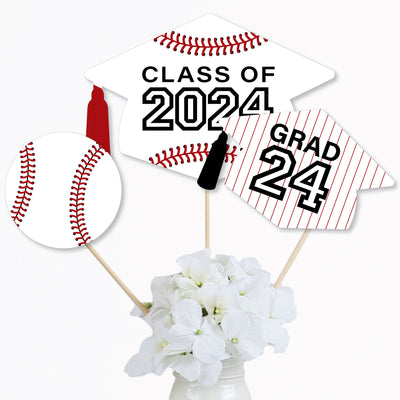 Grad Baseball - 2024 Graduation Party Centerpiece Sticks - Table Toppers - Set of 15
