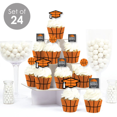 Grad Basketball - Cupcake Decoration - 2024 Graduation Party Cupcake Wrappers and Treat Picks Kit - Set of 24