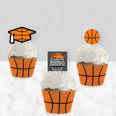 Grad Basketball - Cupcake Decoration - 2024 Graduation Party Cupcake Wrappers and Treat Picks Kit - Set of 24