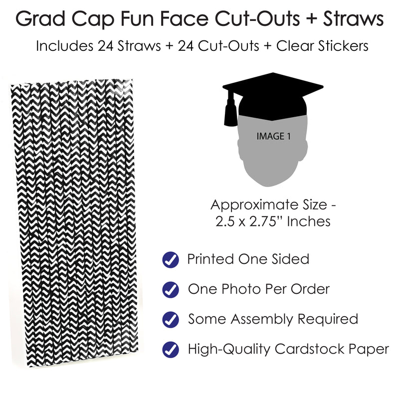 Grad Cap Fun Face Cutout Paper Straw Decor - Custom Graduation Photo Head Cut Out Striped Decorative Straws - Upload 1 Photo - Set of 24