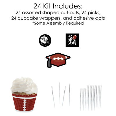 Grad Football - Cupcake Decoration - 2024 Graduation Party Cupcake Wrappers and Treat Picks Kit - Set of 24