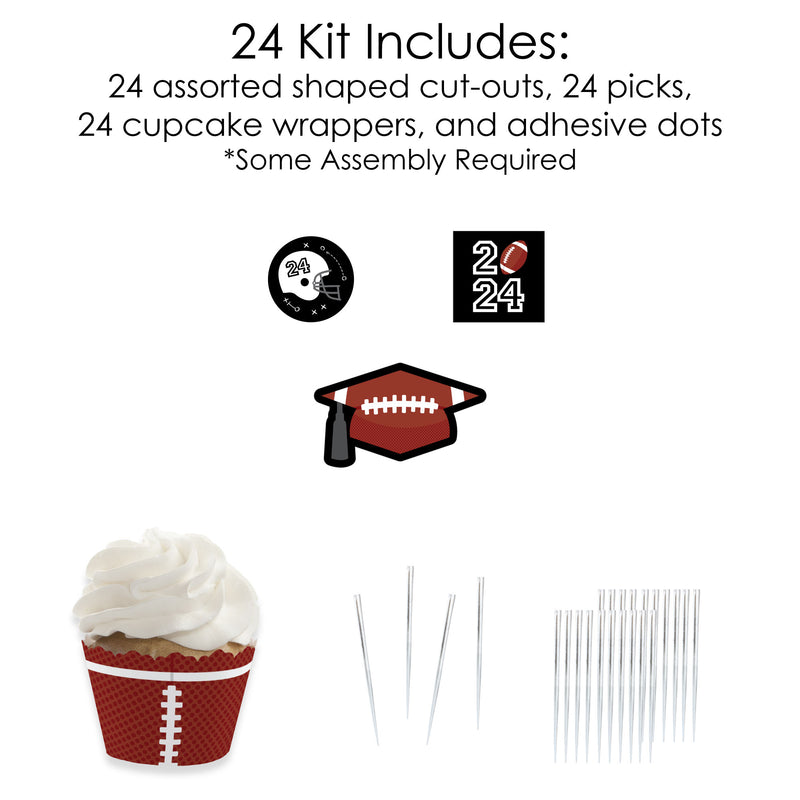 Grad Football - Cupcake Decoration - 2024 Graduation Party Cupcake Wrappers and Treat Picks Kit - Set of 24