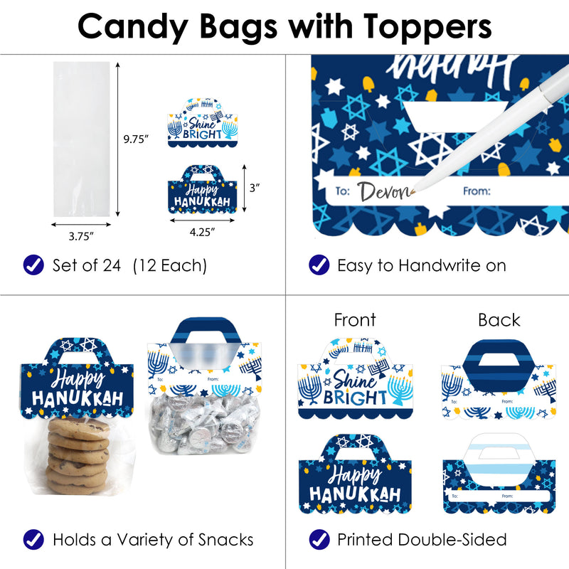 Hanukkah Menorah - DIY Chanukah Holiday Party Clear Goodie Favor Bag Labels - Candy Bags with Toppers - Set of 24