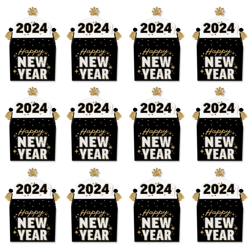 Hello New Year - Treat Box Party Favors - 2024 NYE Party Goodie Gable Boxes - Set of 12