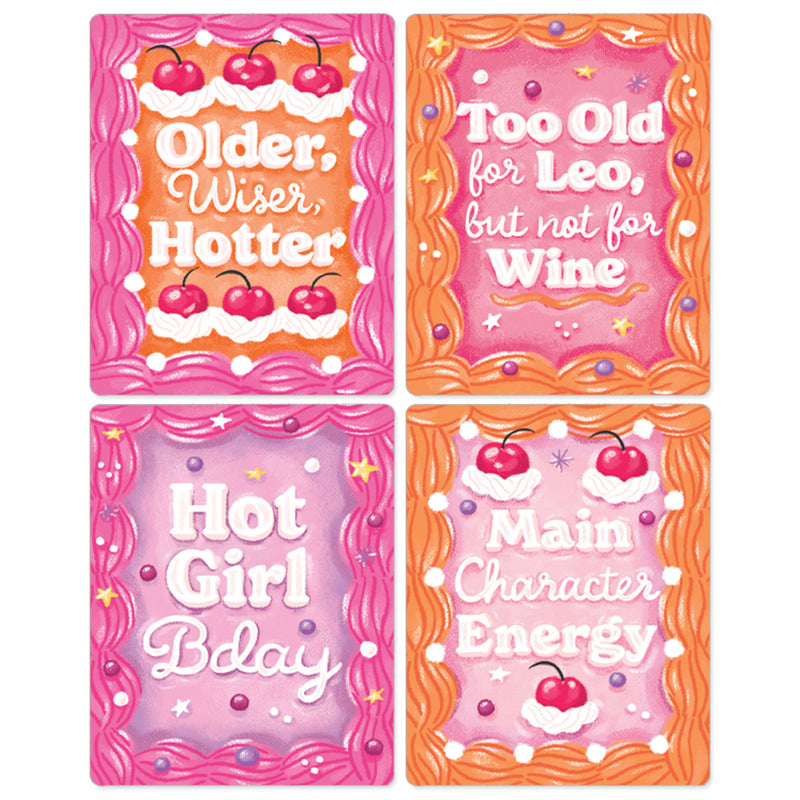 Hot Girl Bday - Vintage Cake Birthday Party Decorations for Women and Men - Wine Bottle Label Stickers - Set of 4
