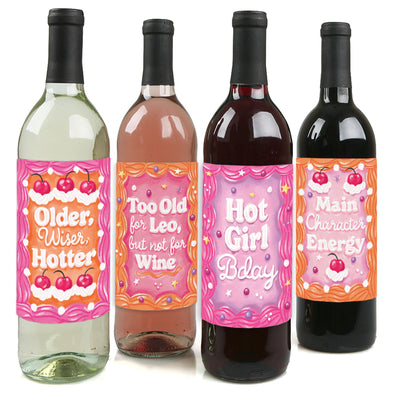 Hot Girl Bday - Vintage Cake Birthday Party Decorations for Women and Men - Wine Bottle Label Stickers - Set of 4