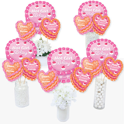 Hot Girl Bday - Vintage Cake Birthday Party Centerpiece Sticks - Table Toppers - Set of 15