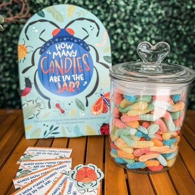 Buggin' Out - How Many Candies Bugs Birthday Party Game - 1 Stand and 40 Cards - Candy Guessing Game