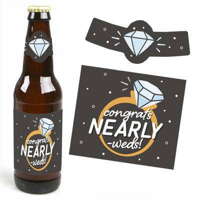 Just Engaged - Black and White - Engagement Party Decorations for Women and Men - 6 Beer Bottle Label Stickers and 1 Carrier