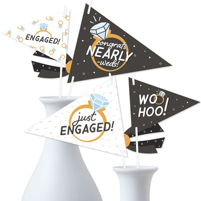 Just Engaged - Black and White - Triangle Engagement Party Photo Props - Pennant Flag Centerpieces - Set of 20