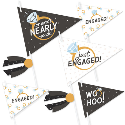 Just Engaged - Black and White - Triangle Engagement Party Photo Props - Pennant Flag Centerpieces - Set of 20