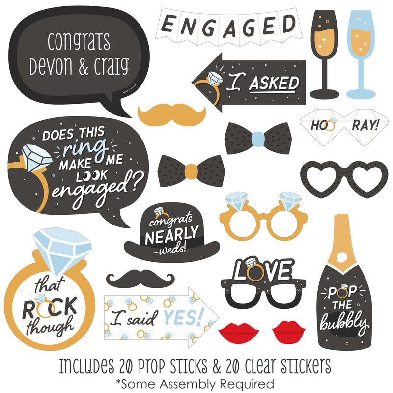 Just Engaged - Black and White - Personalized Engagement Party Photo Booth Props Kit - 20 Count