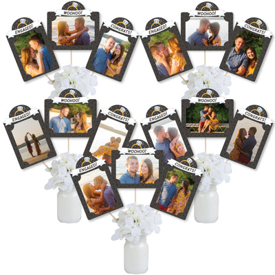 Just Engaged - Black and White - Engagement Party Picture Centerpiece Sticks - Photo Table Toppers - 15 Pieces