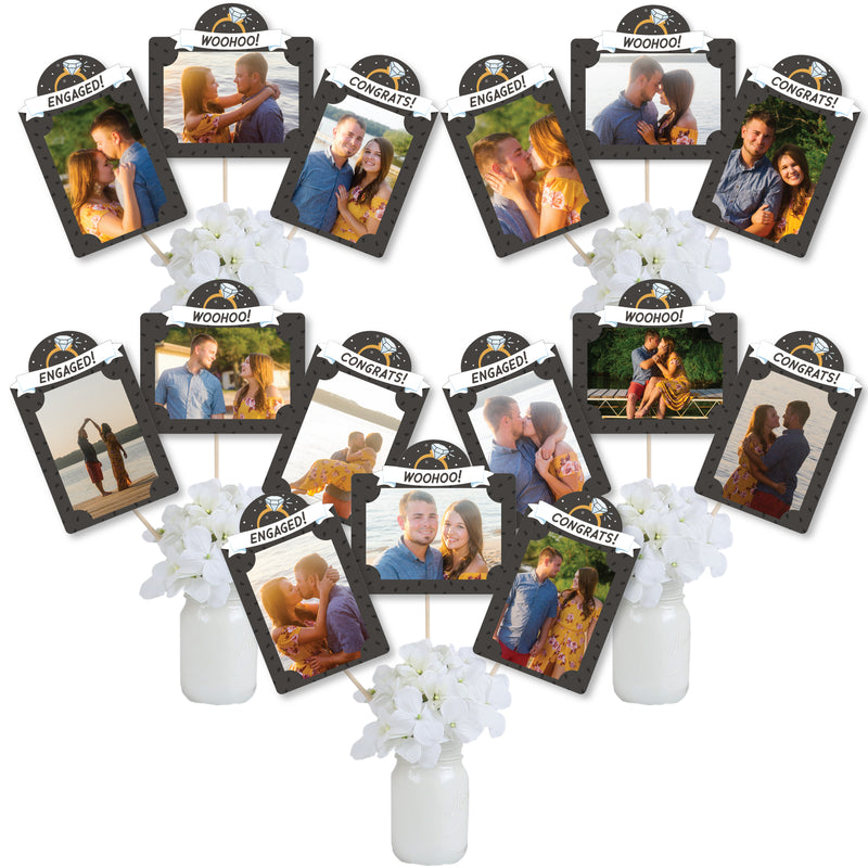 Just Engaged - Black and White - Engagement Party Picture Centerpiece Sticks - Photo Table Toppers - 15 Pieces