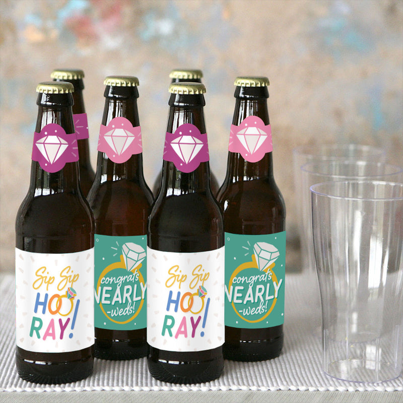 Just Engaged - Colorful - Engagement Party Decorations for Women and Men - 6 Beer Bottle Label Stickers and 1 Carrier