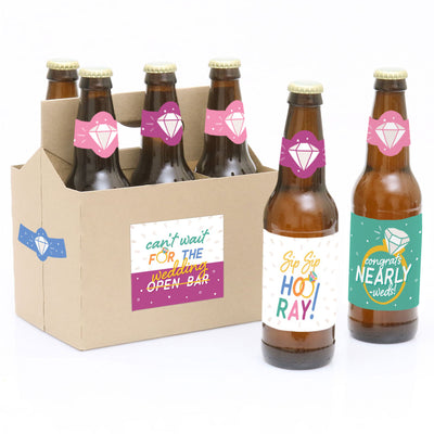 Just Engaged - Colorful - Engagement Party Decorations for Women and Men - 6 Beer Bottle Label Stickers and 1 Carrier