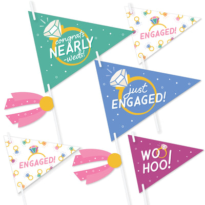 Just Engaged - Colorful - Triangle Engagement Party Photo Props - Pennant Flag Centerpieces - Set of 20