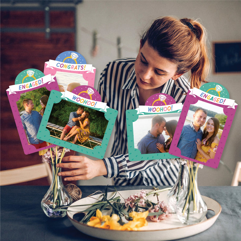 Just Engaged - Colorful - Engagement Party Picture Centerpiece Sticks - Photo Table Toppers - 15 Pieces