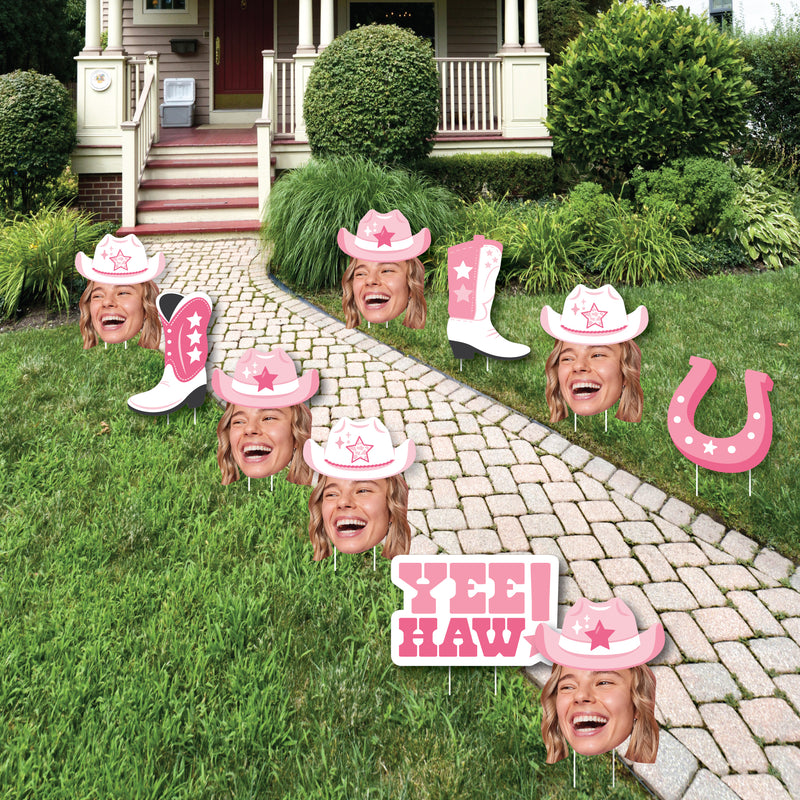 Custom Photo Last Rodeo - Fun Face Lawn Decorations - Pink Cowgirl Bachelorette Party Outdoor Yard Signs - 10 Piece