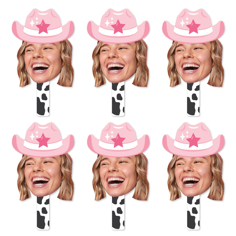 Custom Photo Last Rodeo - Pink Cowgirl Bachelorette Party Head Cut Out Photo Booth and Fan Props - Fun Face Cutout Paddles - Set of 6